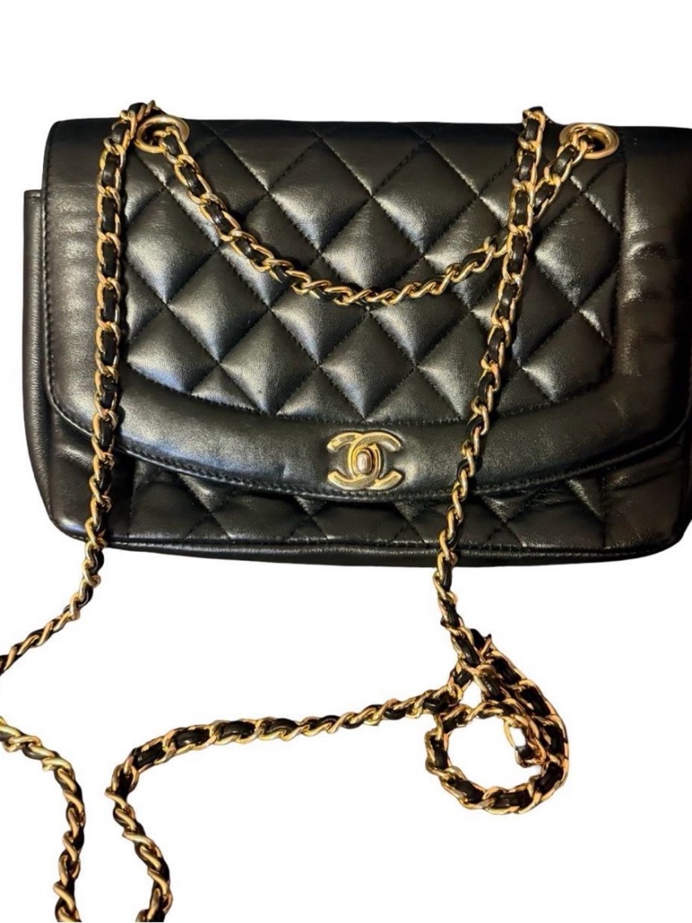 CHANEL Black Quilted Lambskin Crossbody with Gold Chain